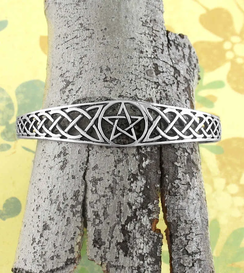 Pentacle Open Bangle Cuff Bracelet with Celtic Knots