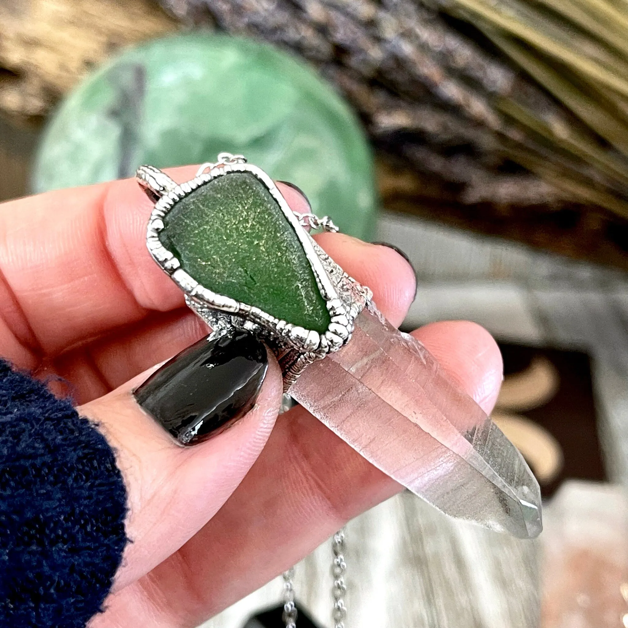 Raw Clear Quartz & Green Sea Glass Crystal Statement Necklace in Fine Silver / Foxlark Collection - One of a Kind