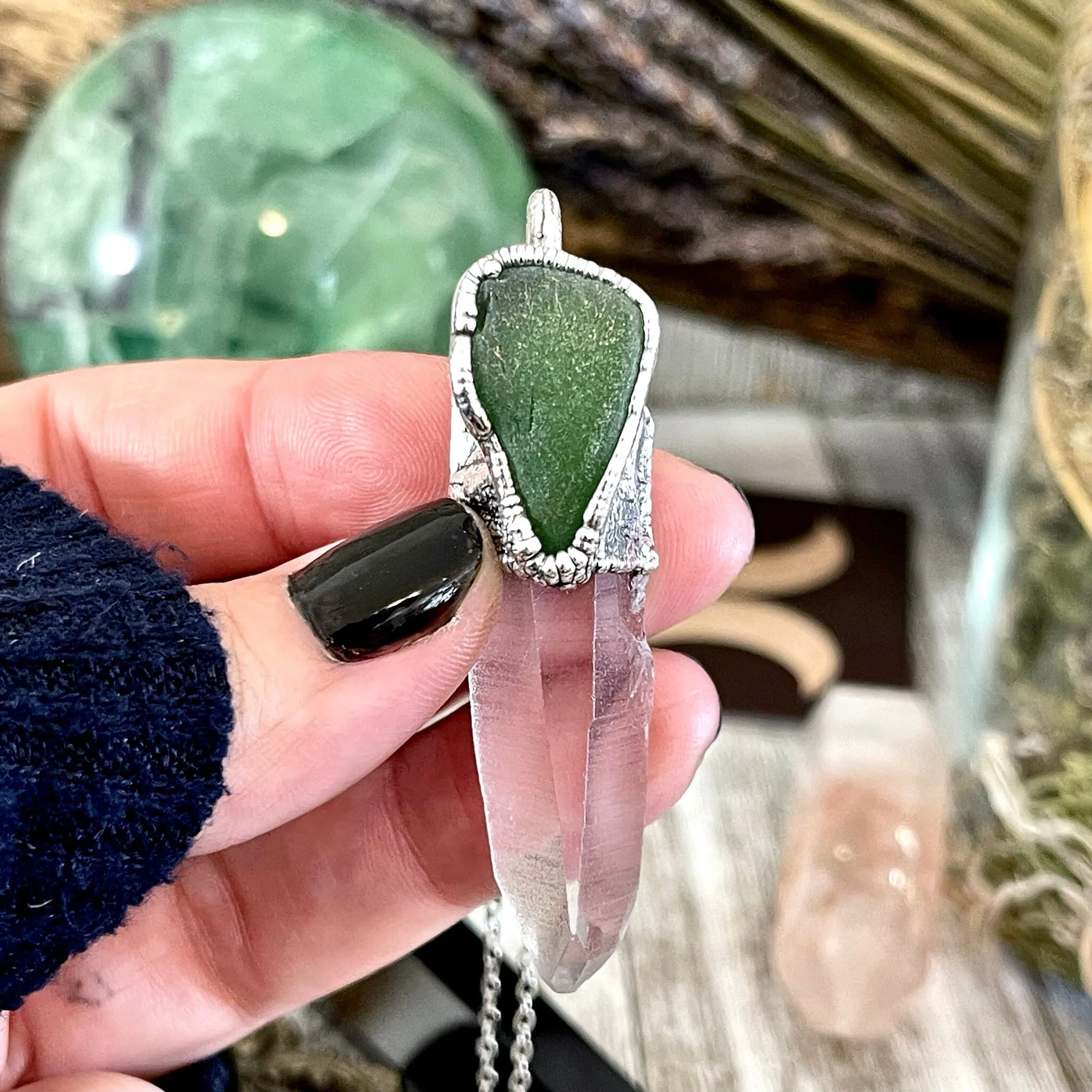 Raw Clear Quartz & Green Sea Glass Crystal Statement Necklace in Fine Silver / Foxlark Collection - One of a Kind