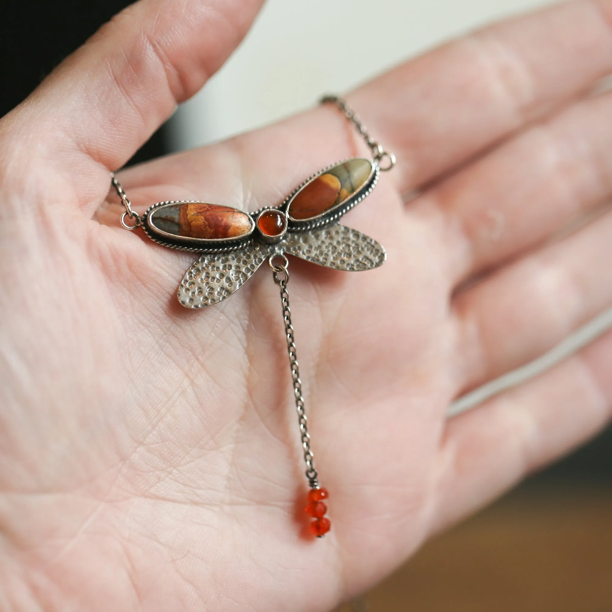 Ready to Ship - Red Creek Jasper Dragonfly Necklace - Carnelian - .925 Sterling Silver