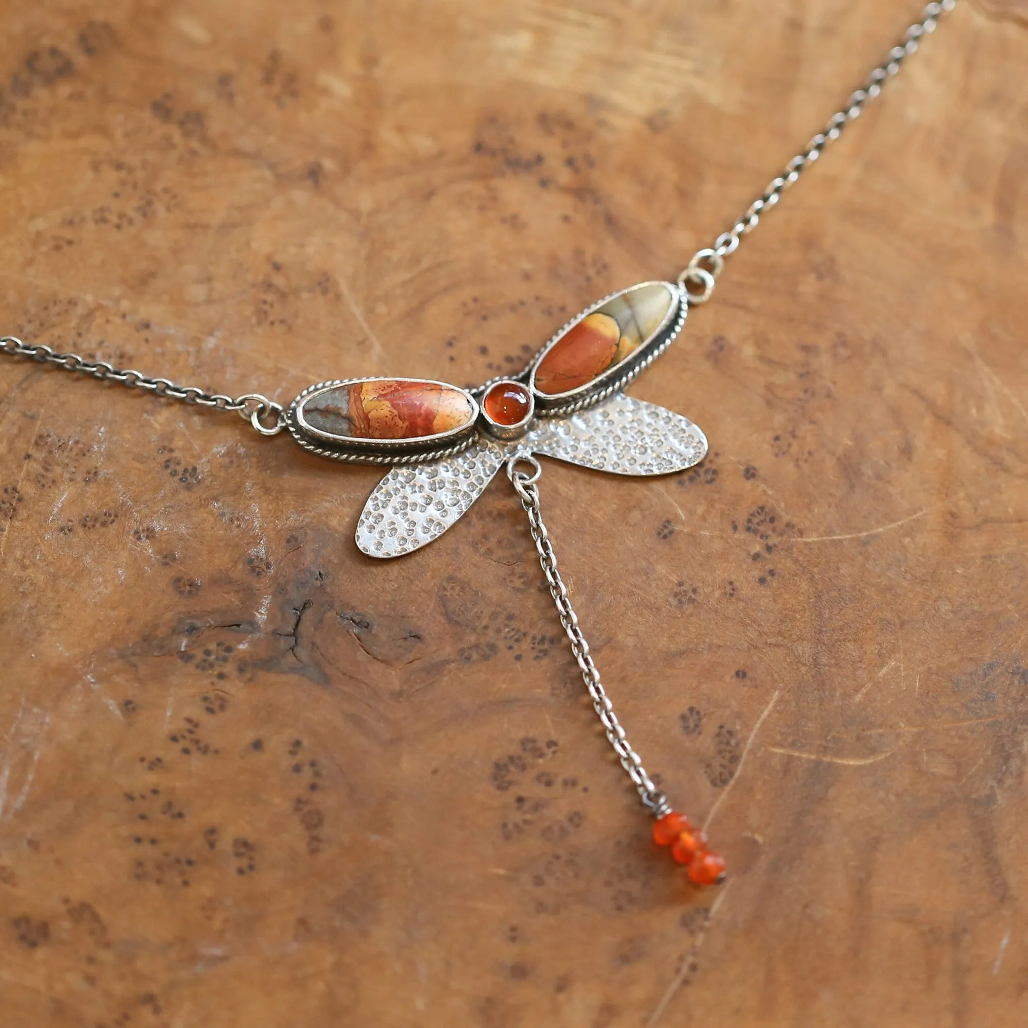 Ready to Ship - Red Creek Jasper Dragonfly Necklace - Carnelian - .925 Sterling Silver