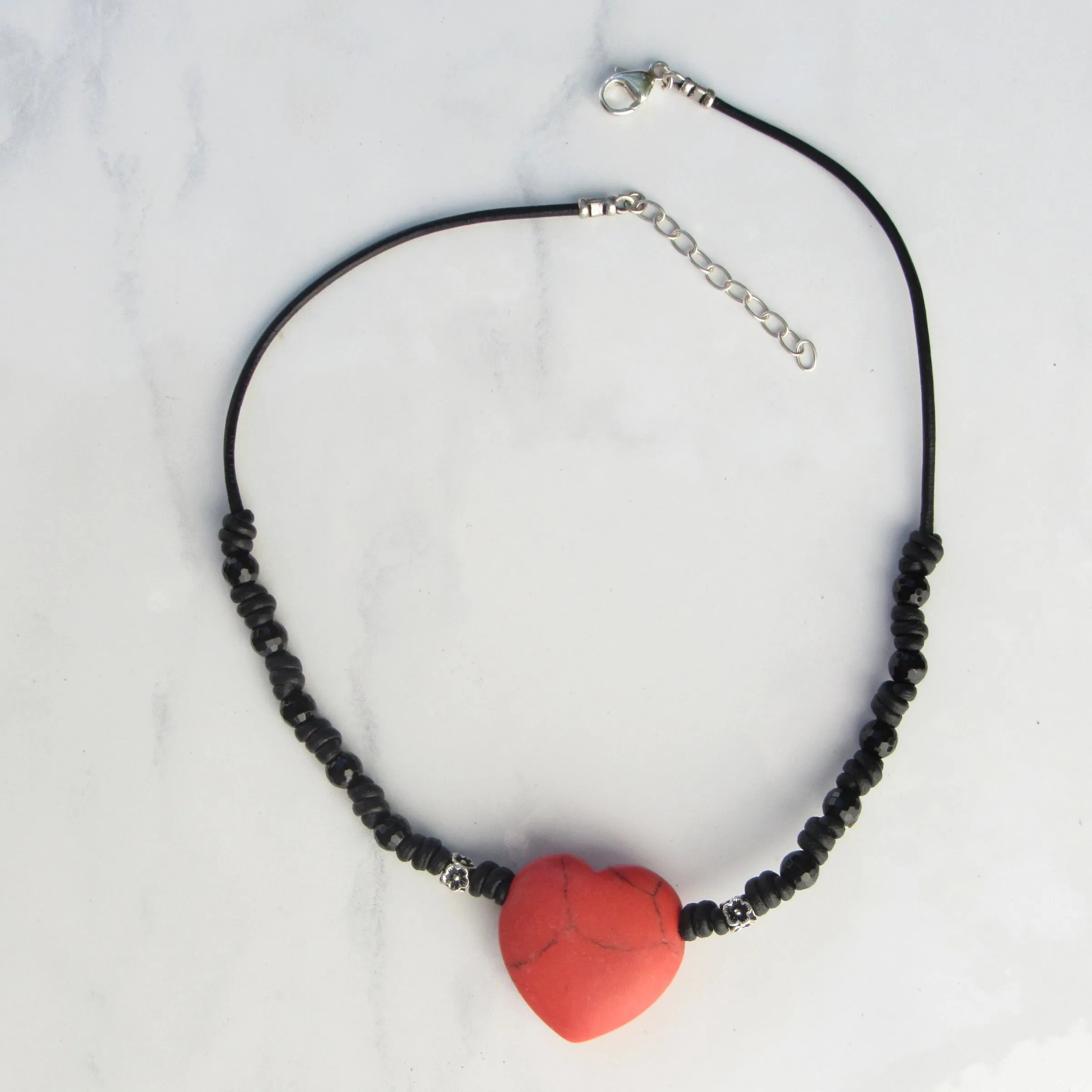 Red Gemstone Heart Choker Leather Necklace