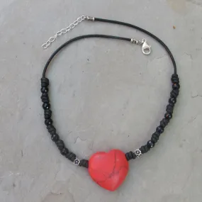 Red Gemstone Heart Choker Leather Necklace