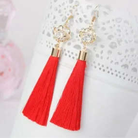 Red Tassel Earrings with Gold Square and Crystal