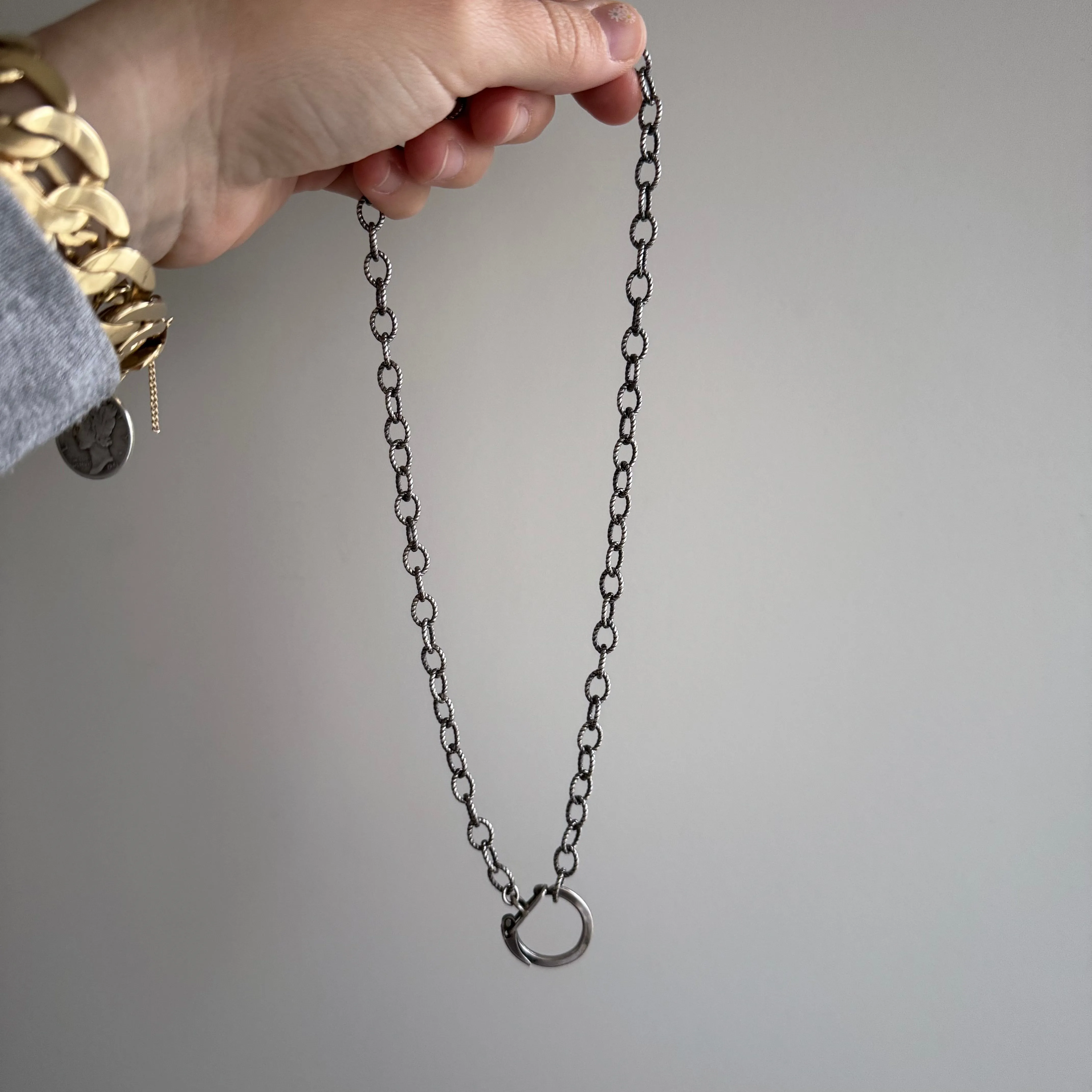 reimagined V I N T A G E // twisted links / sterling silver cable link necklace with charm holder clasp / 18.25, 20g