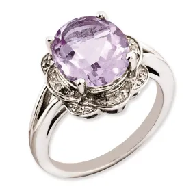 Rhodium-Plated Oval Pink Quartz & Diamond Ring in Sterling Silver