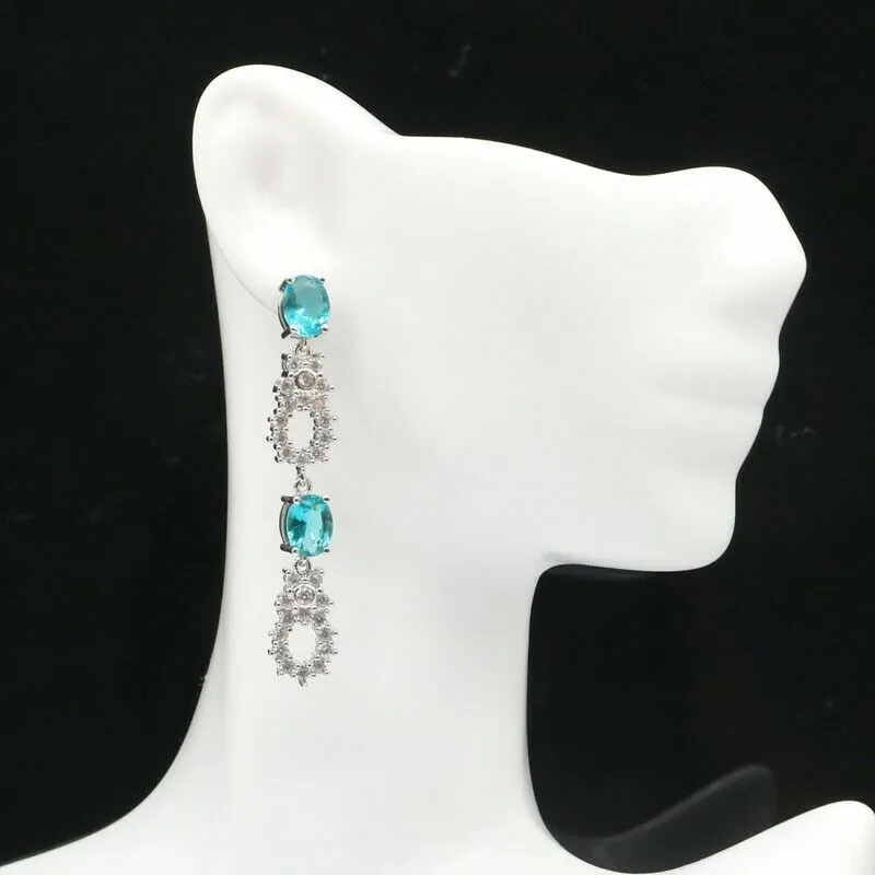 Rich Blue Simulated Aquamarine Long Bridal Luxury Earrings