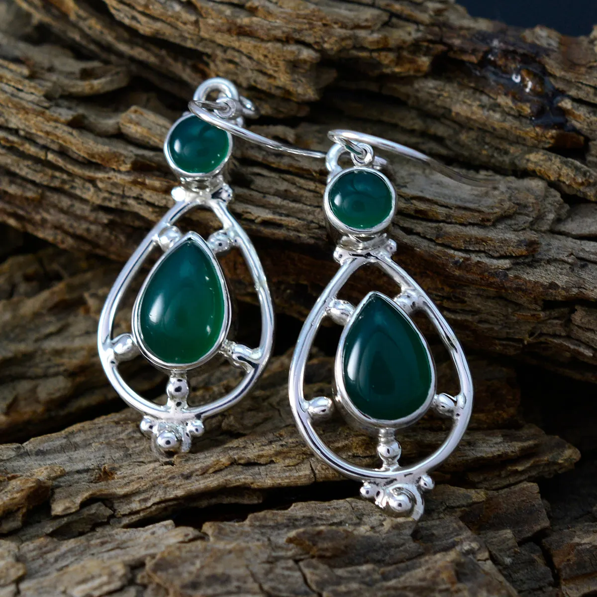 Riyo Genuine Gems multi shape Cabochon Green Onyx Silver Earrings gift for black Friday