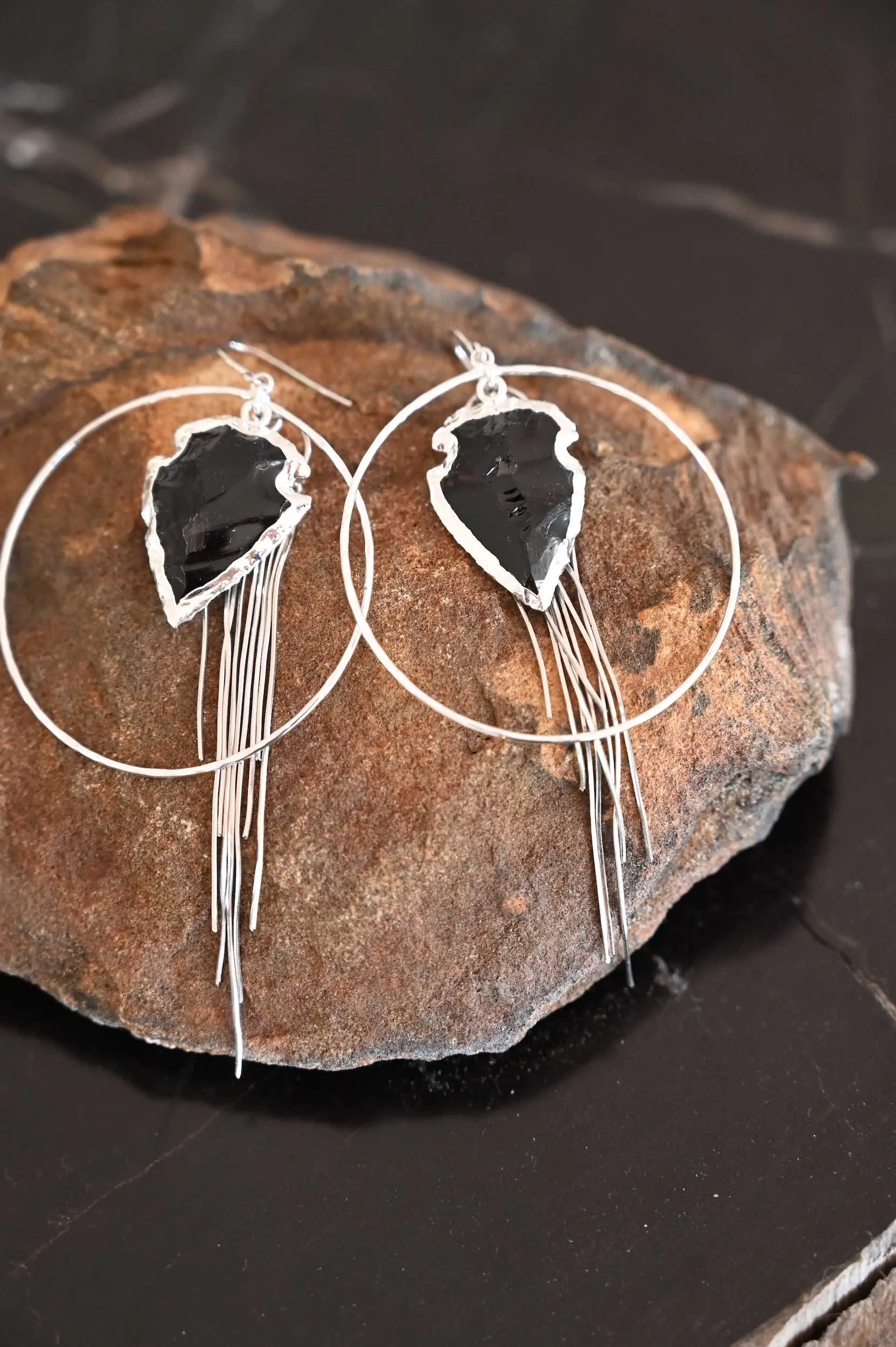 Rooted In Love Black Obsidian Arrowhead Hoops