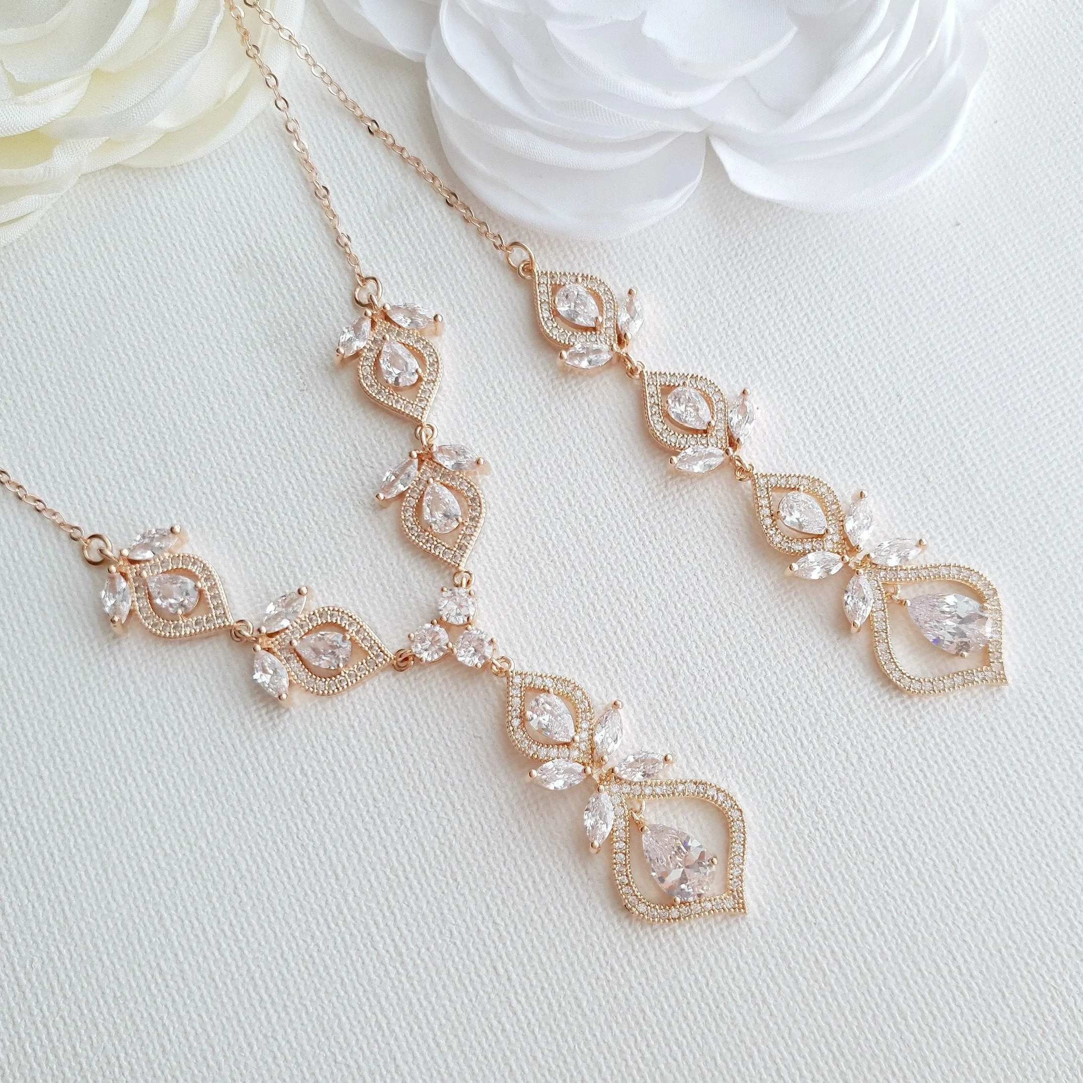 Rose Gold Bridal Necklace with Backdrop-Meghan