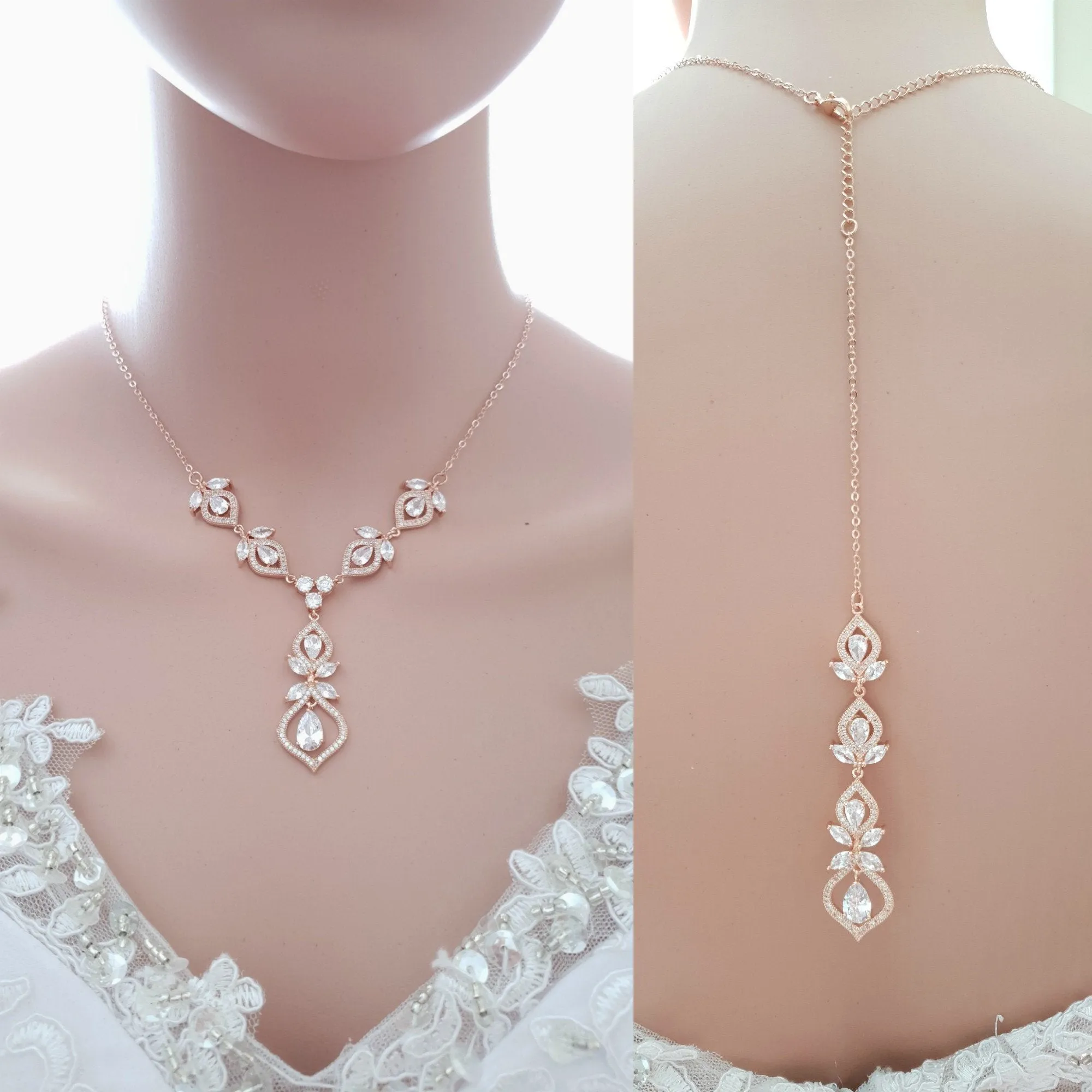 Rose Gold Bridal Necklace with Backdrop-Meghan