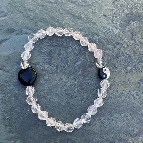 Rose quartz, Mother Of Pearl Yin Yang, Onyx heart Gemstone Stretch Bracelet