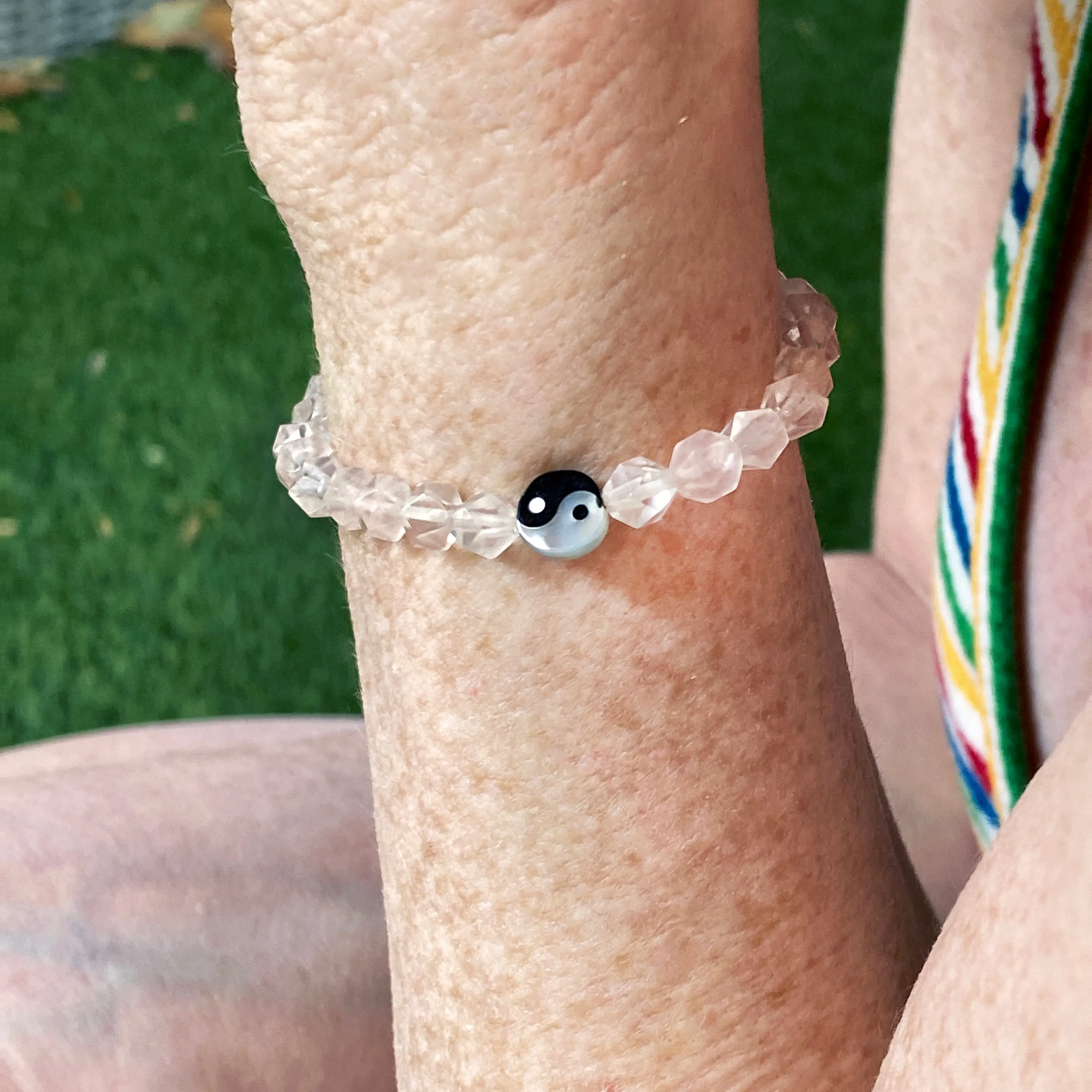 Rose quartz, Mother Of Pearl Yin Yang, Onyx heart Gemstone Stretch Bracelet