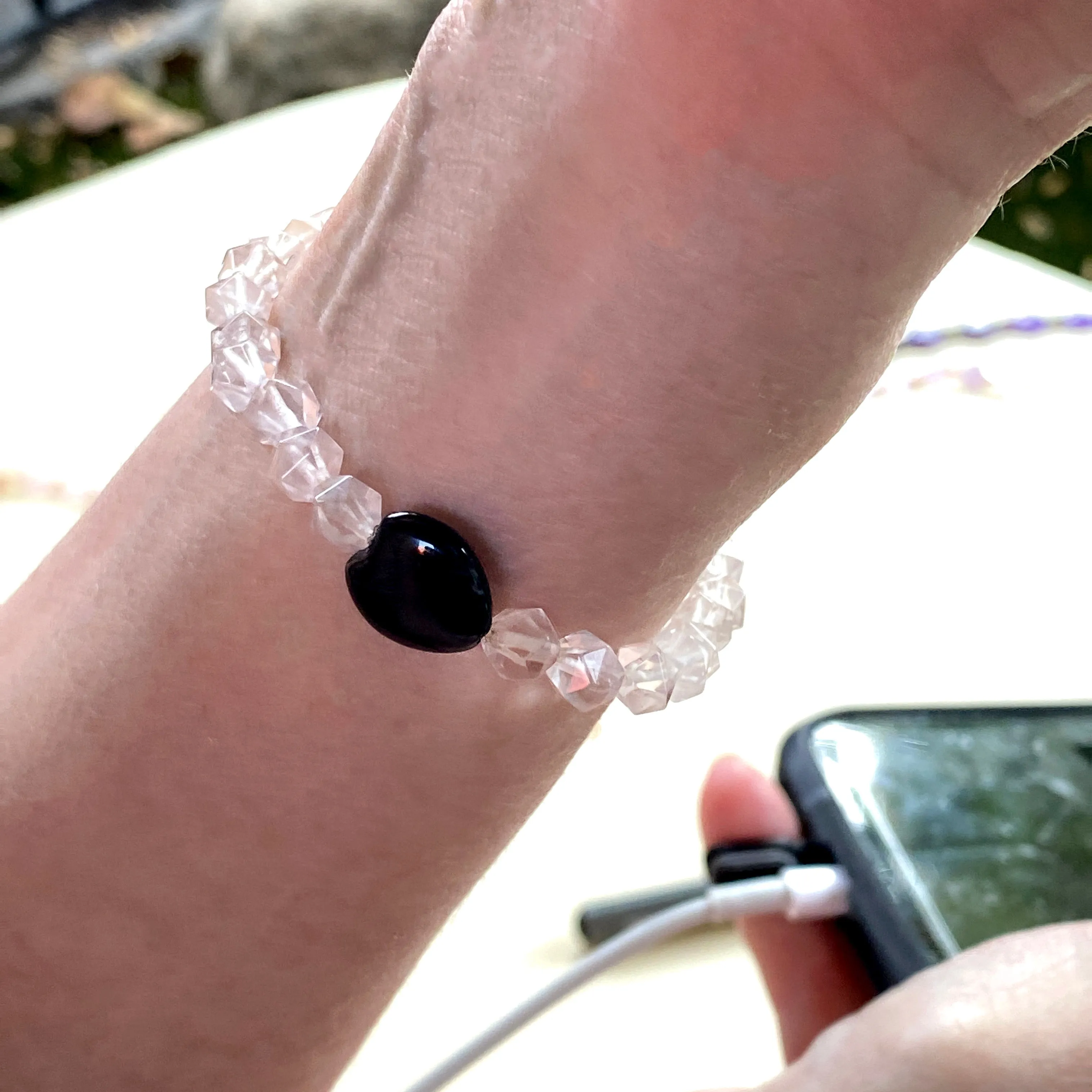 Rose quartz, Mother Of Pearl Yin Yang, Onyx heart Gemstone Stretch Bracelet