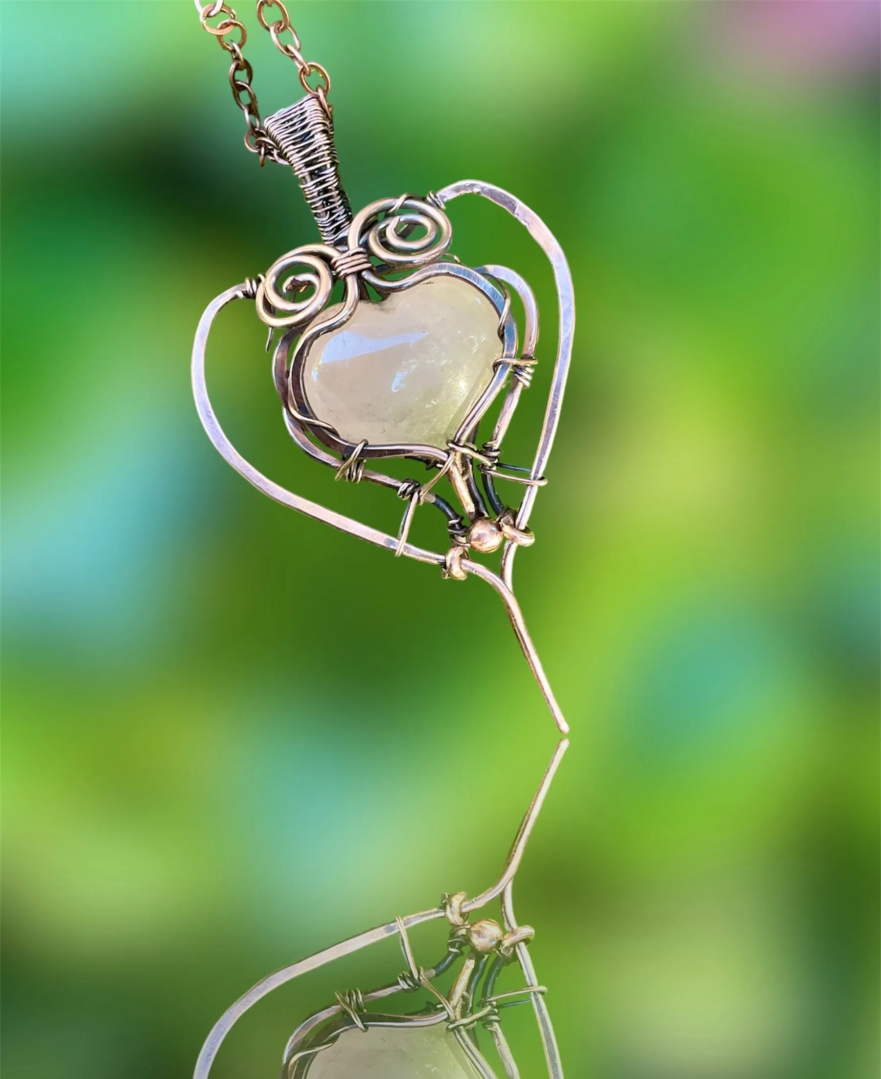 Rose Quartz Puffy Heart Wire Wrapped Pendant