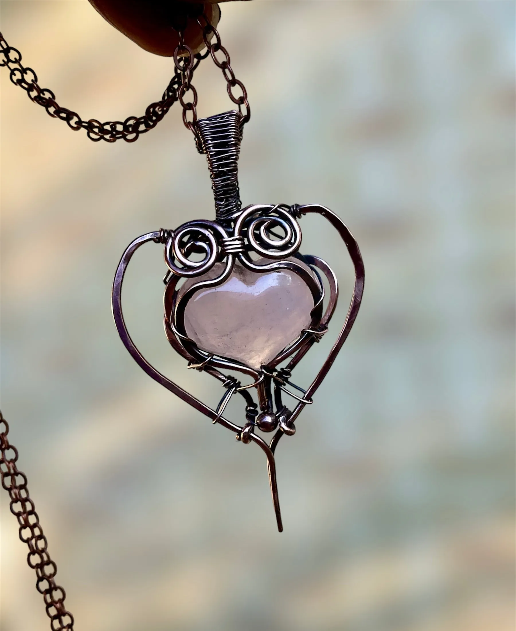 Rose Quartz Puffy Heart Wire Wrapped Pendant