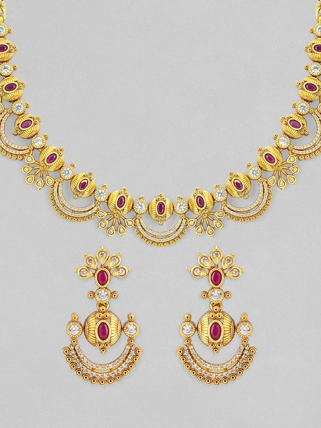 Rubans 24K Gold Plated Handcrafted Zircon Studded Temple Necklace Set