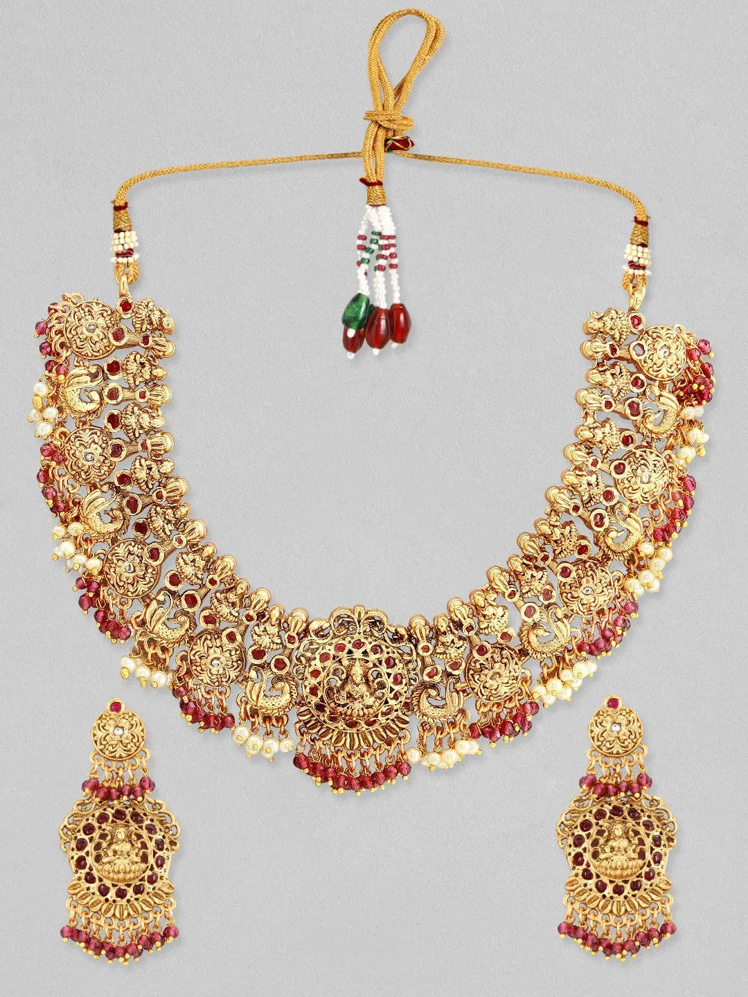 Rubans 24K Gold Plated Temple Necklace Set With Red Beads