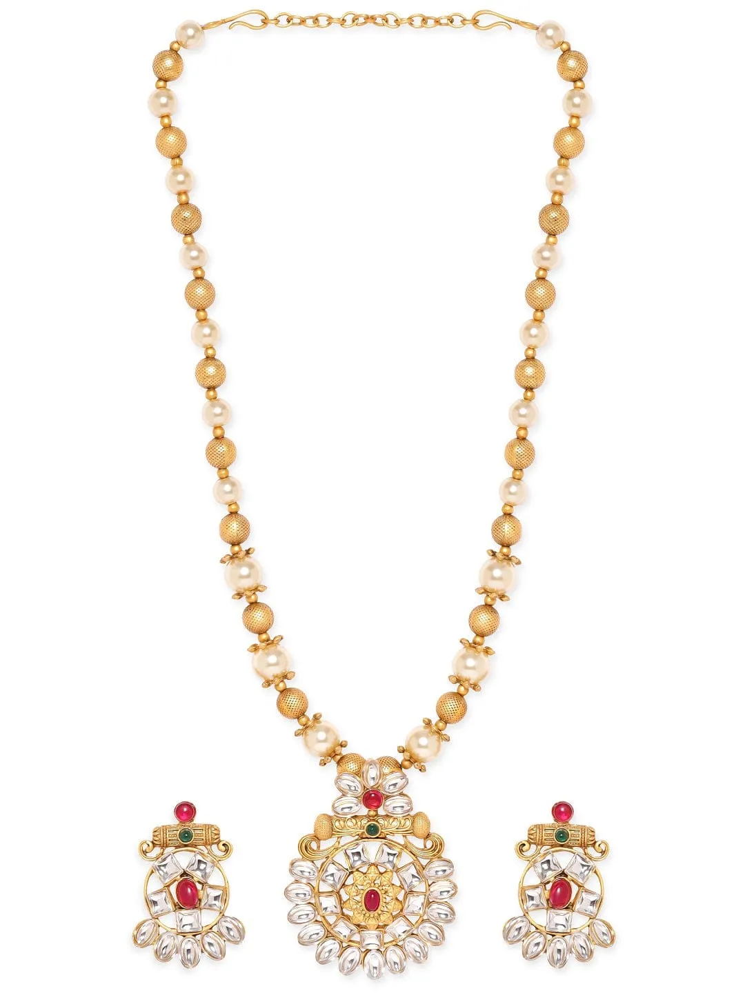 Rubans Gold-Toned Pendant with Dazzling Stones and Golden Off-White Pearls Chain Necklace Set