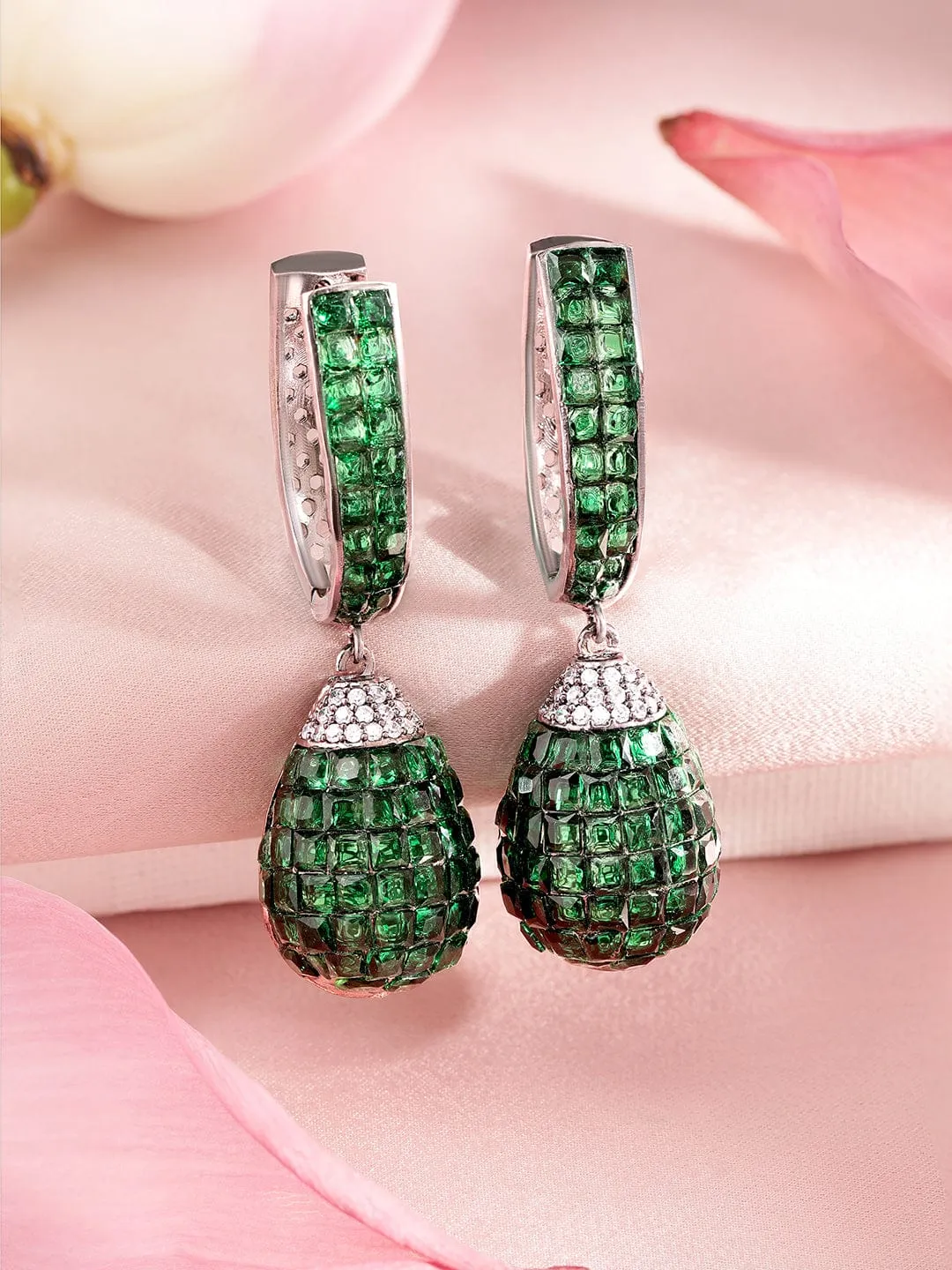 Rubans Rhodium Plated Emerald Green Pave Studded Hoop With Drop Dangle Earrings