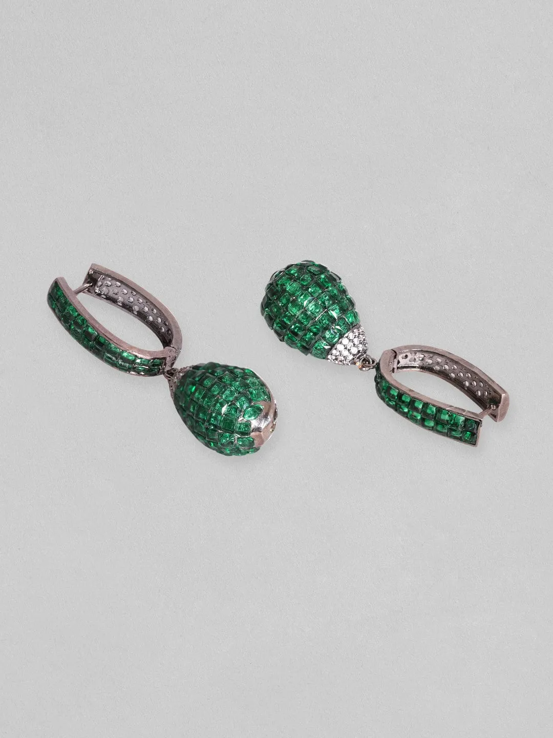 Rubans Rhodium Plated Emerald Green Pave Studded Hoop With Drop Dangle Earrings