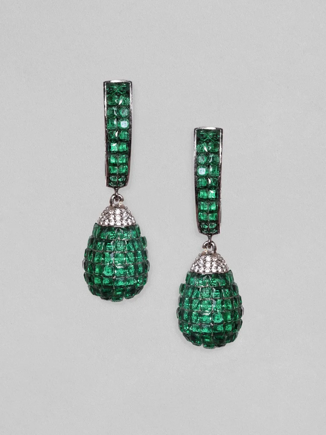 Rubans Rhodium Plated Emerald Green Pave Studded Hoop With Drop Dangle Earrings