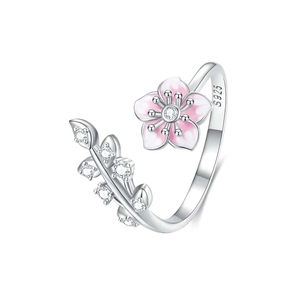 S925 Sterling Silver Pink Cherry Blossom Leaves Toi et Moi Ring