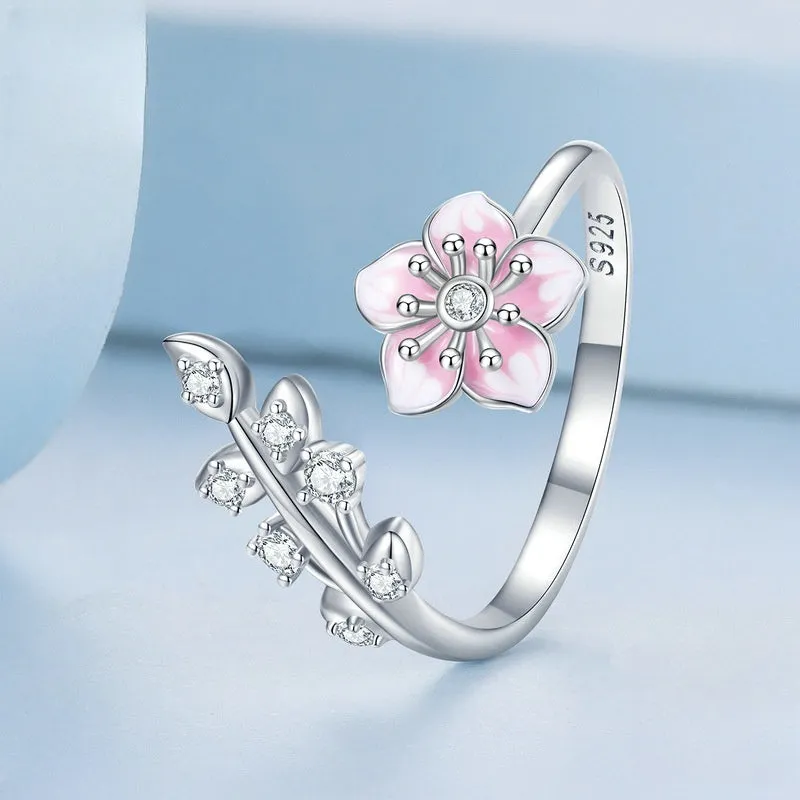 S925 Sterling Silver Pink Cherry Blossom Leaves Toi et Moi Ring