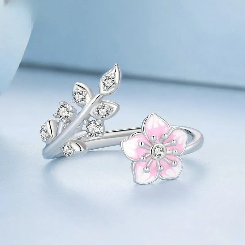 S925 Sterling Silver Pink Cherry Blossom Leaves Toi et Moi Ring