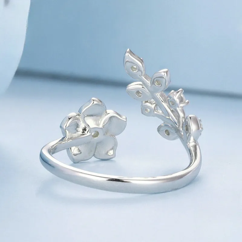 S925 Sterling Silver Pink Cherry Blossom Leaves Toi et Moi Ring