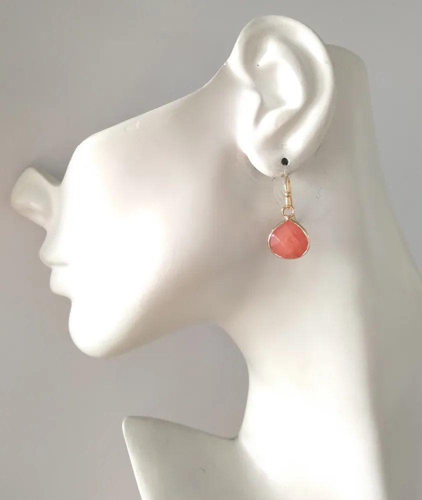 Salmon Pink Jade Single Gem Drop Hook Earrings