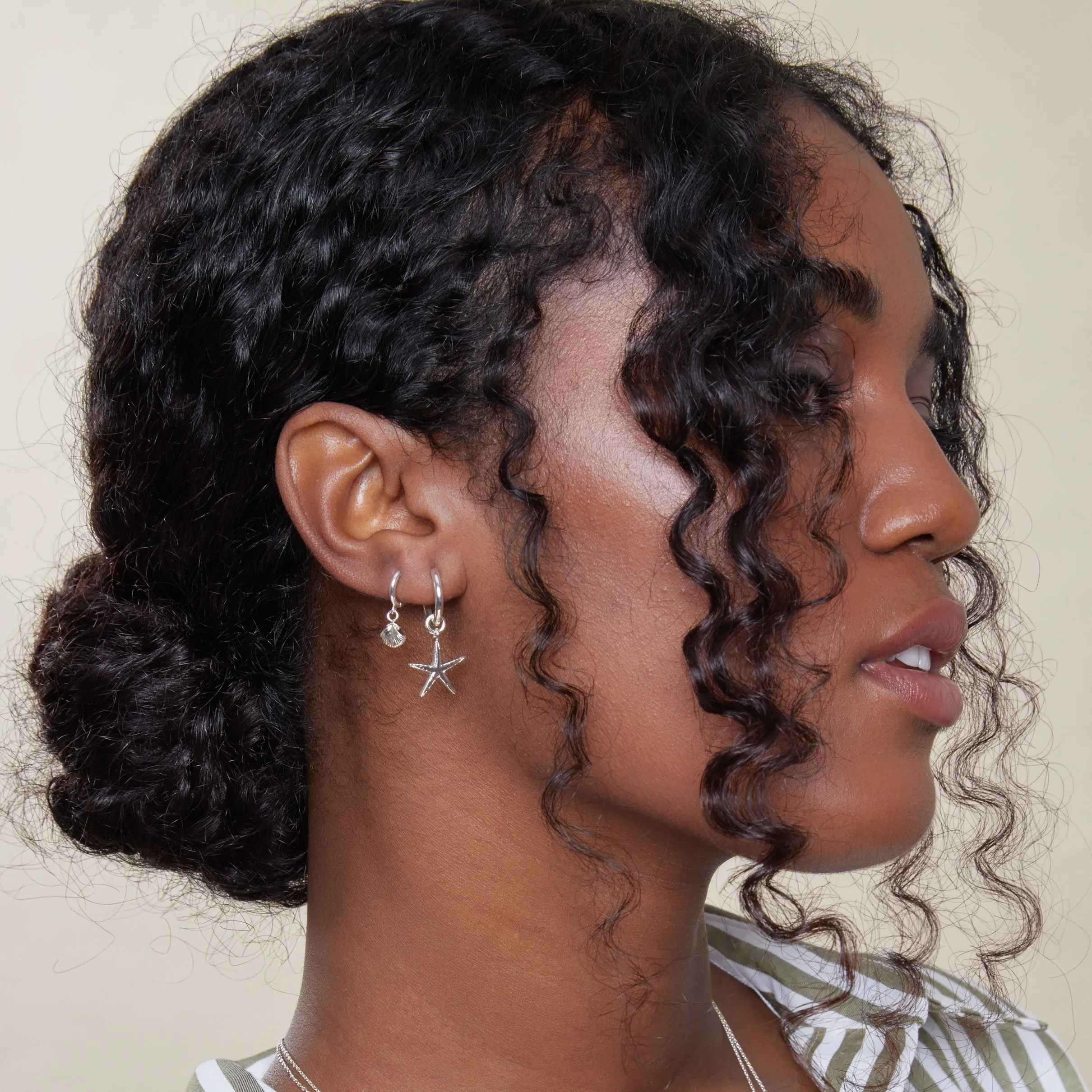 Shell Drop Micro Hoop Earrings - Silver