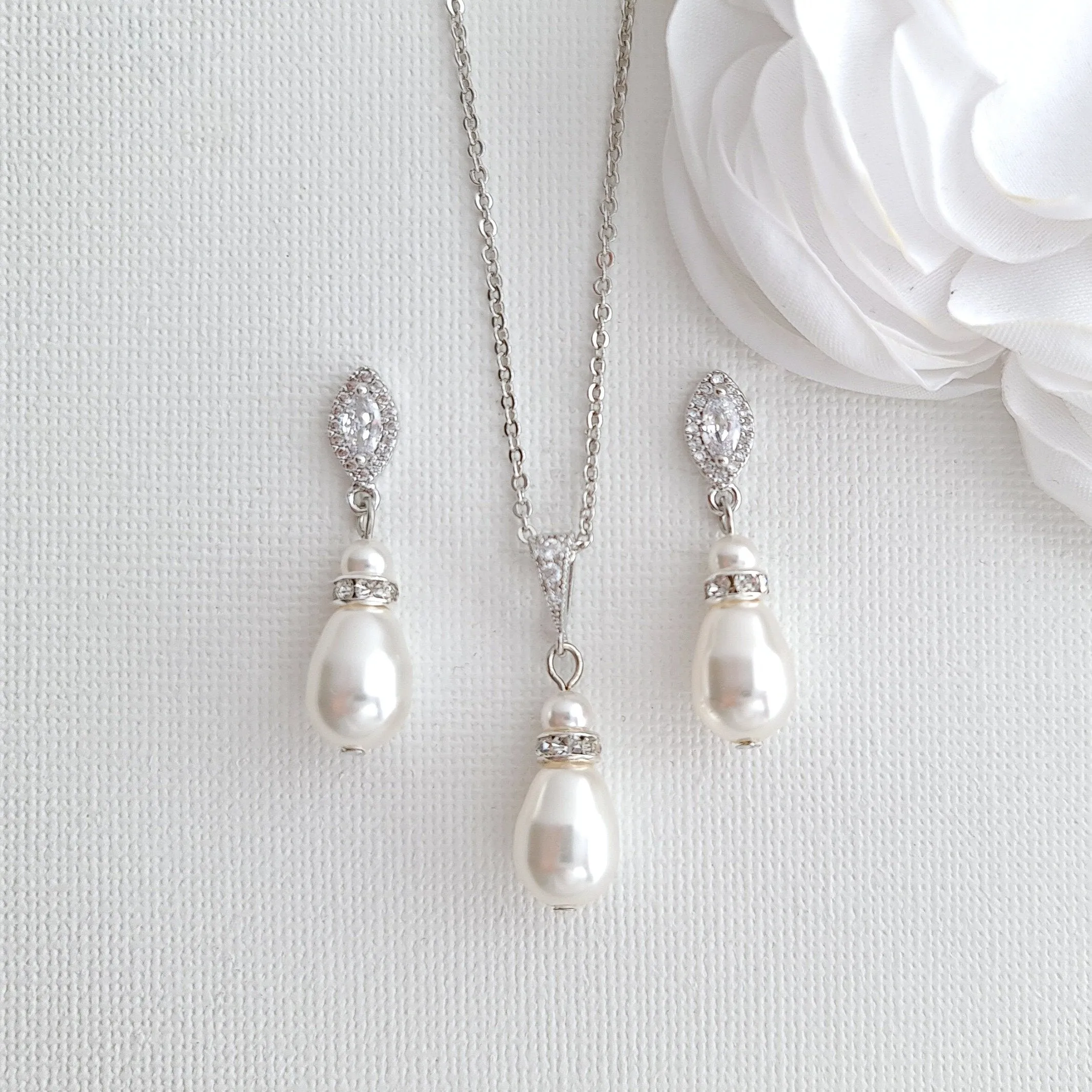 Simple Pearl Wedding Jewelry Set with Pearl Earring,Necklace,Bracelet for Brides-Ella