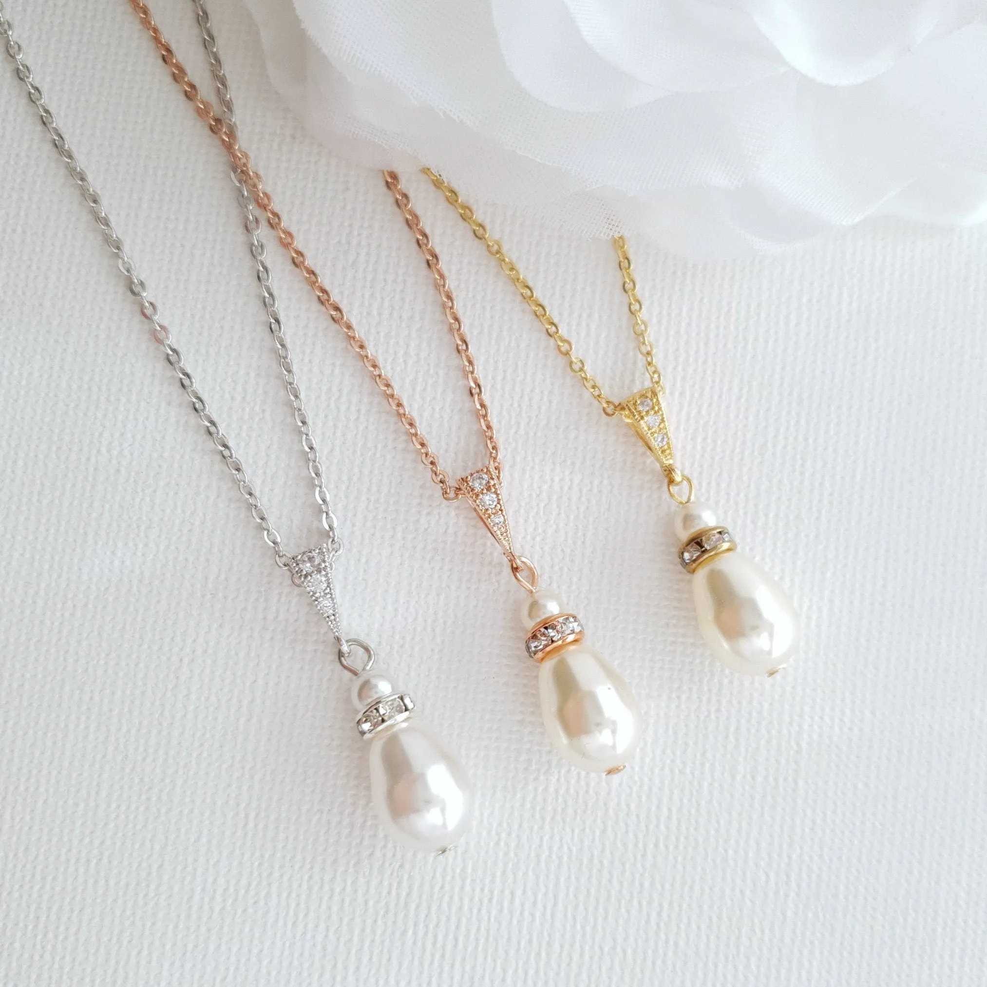 Simple Pearl Wedding Jewelry Set with Pearl Earring,Necklace,Bracelet for Brides-Ella