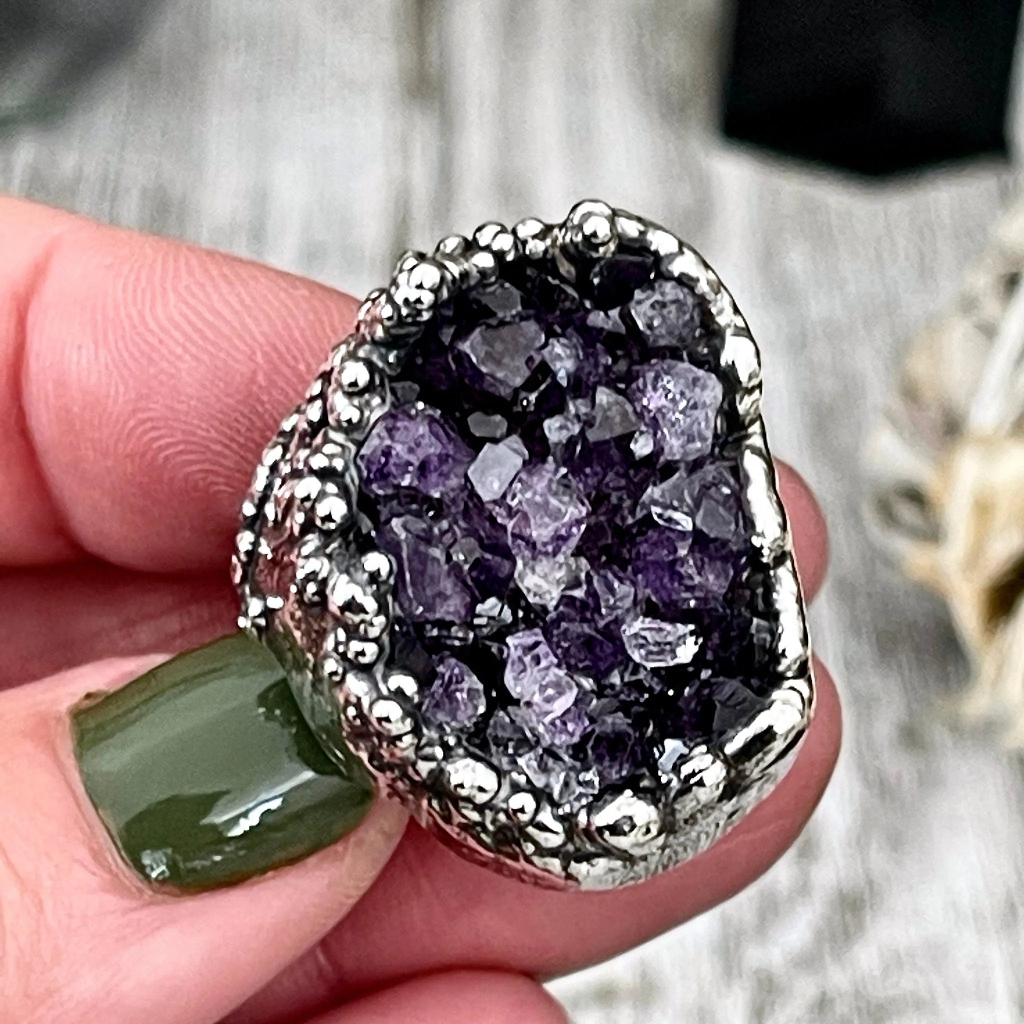 Size 6 Big Raw Amethyst Purple Crystal Ring in Fine Silver / Foxlark Collection - One of a Kind