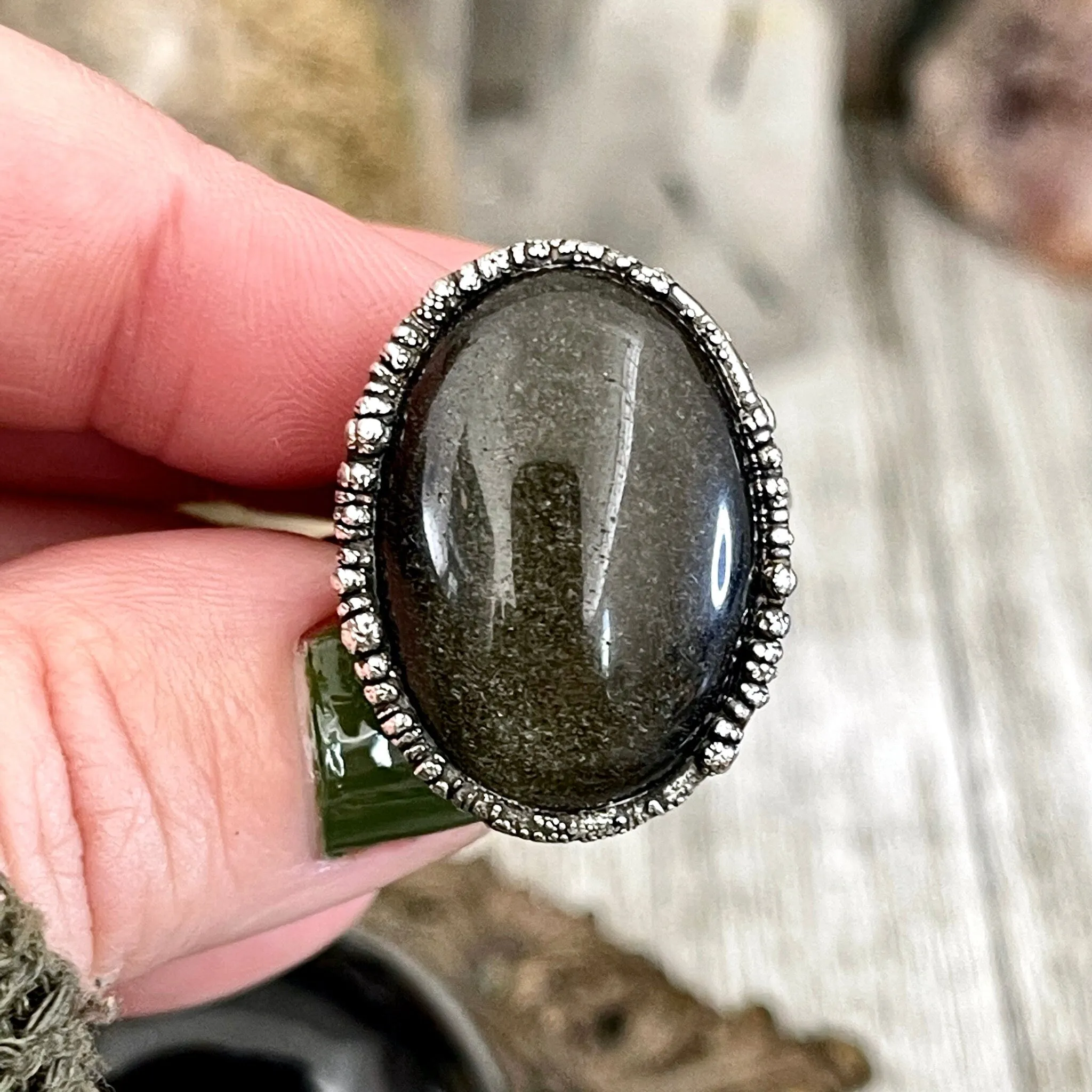 Size 6.5 Golden Sheen Obsidian Statement Ring in Fine Silver /  Foxlark Collection - One of a Kind