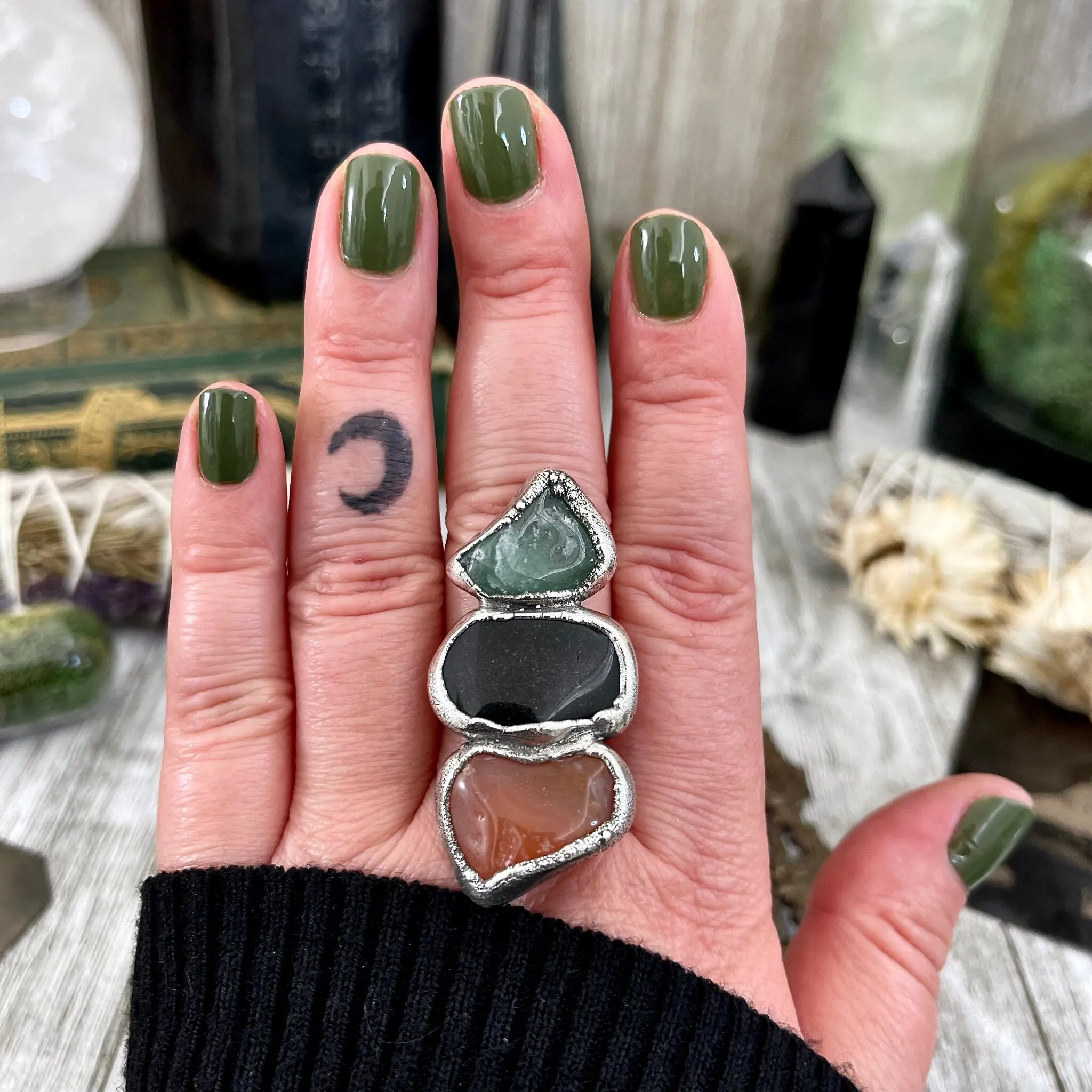 Size 9 Crystal Ring - Three Stone Ring Black Onyx Carnelian Aventurine Silver Ring / Foxlark Collection - One of a Kind