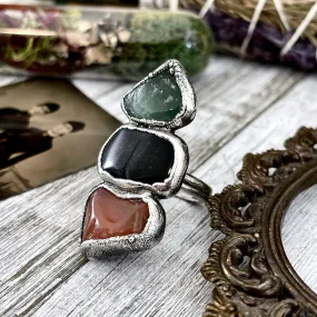 Size 9 Crystal Ring - Three Stone Ring Black Onyx Carnelian Aventurine Silver Ring / Foxlark Collection - One of a Kind