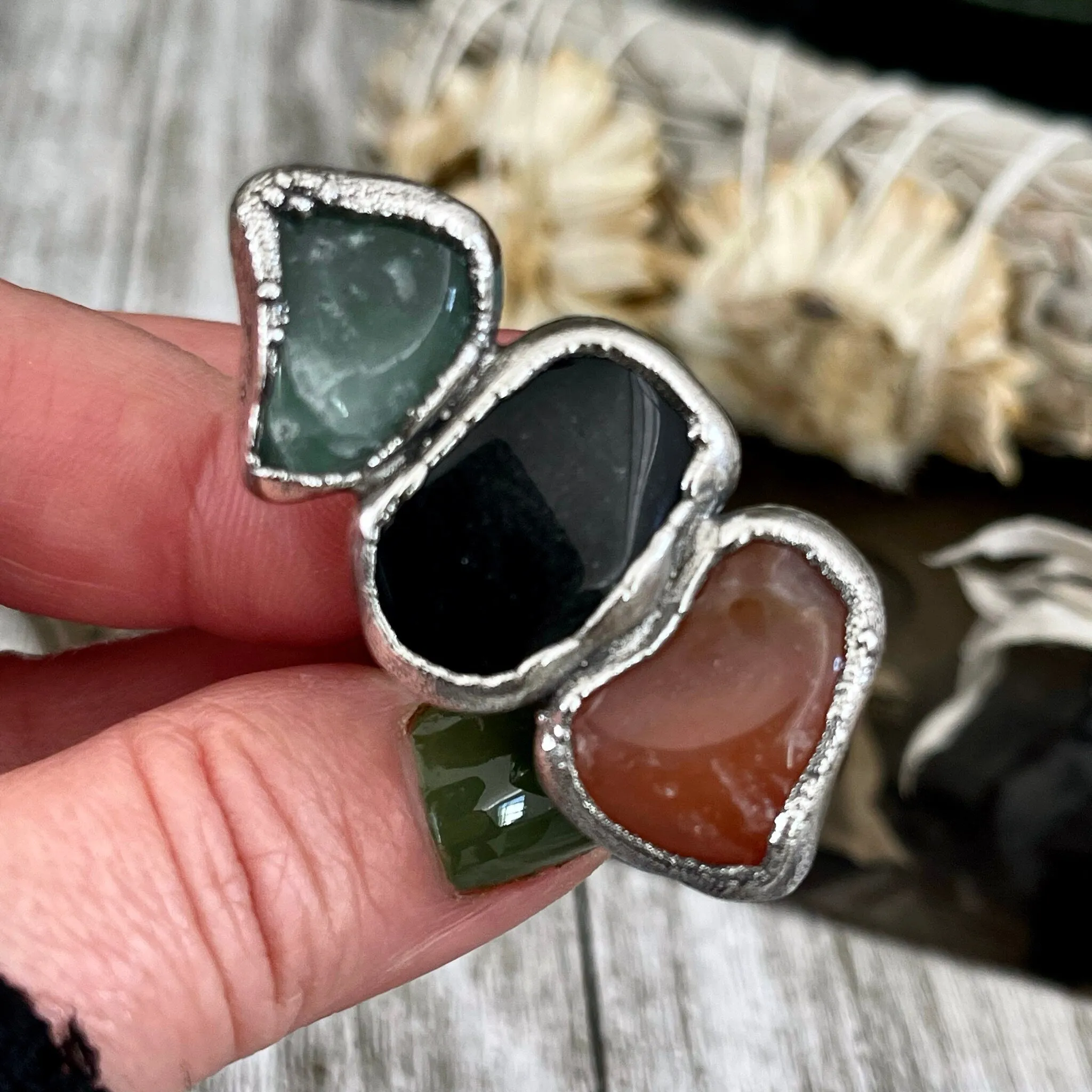 Size 9 Crystal Ring - Three Stone Ring Black Onyx Carnelian Aventurine Silver Ring / Foxlark Collection - One of a Kind