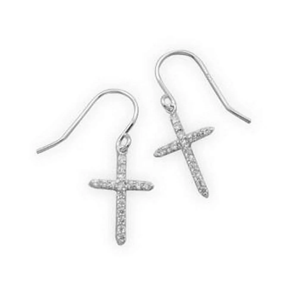 Sterling Silver and CZ Cross Drop Earrings