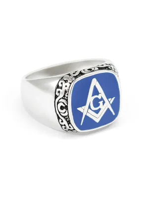 Sterling Silver Masonic Ring with Square and Compass & Blue Enamel