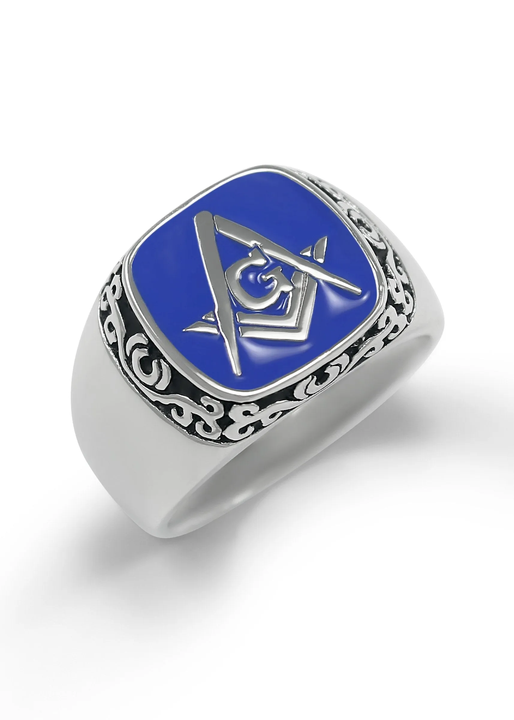 Sterling Silver Masonic Ring with Square and Compass & Blue Enamel