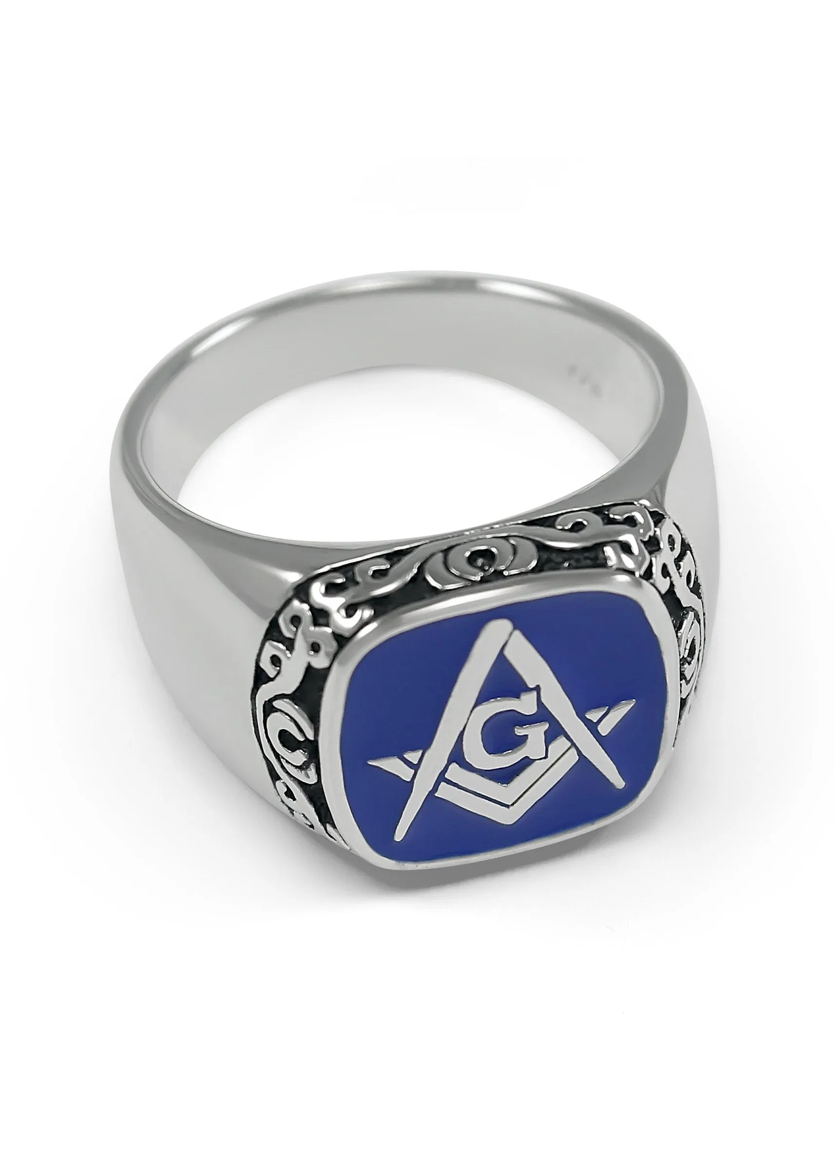 Sterling Silver Masonic Ring with Square and Compass & Blue Enamel