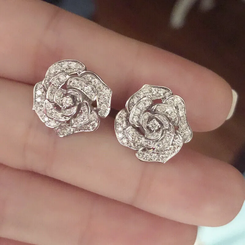 Sterling Silver Rose Flower CZ Bridal Stud Earrings