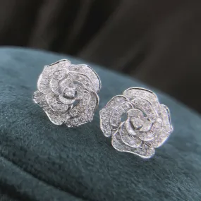 Sterling Silver Rose Flower CZ Bridal Stud Earrings