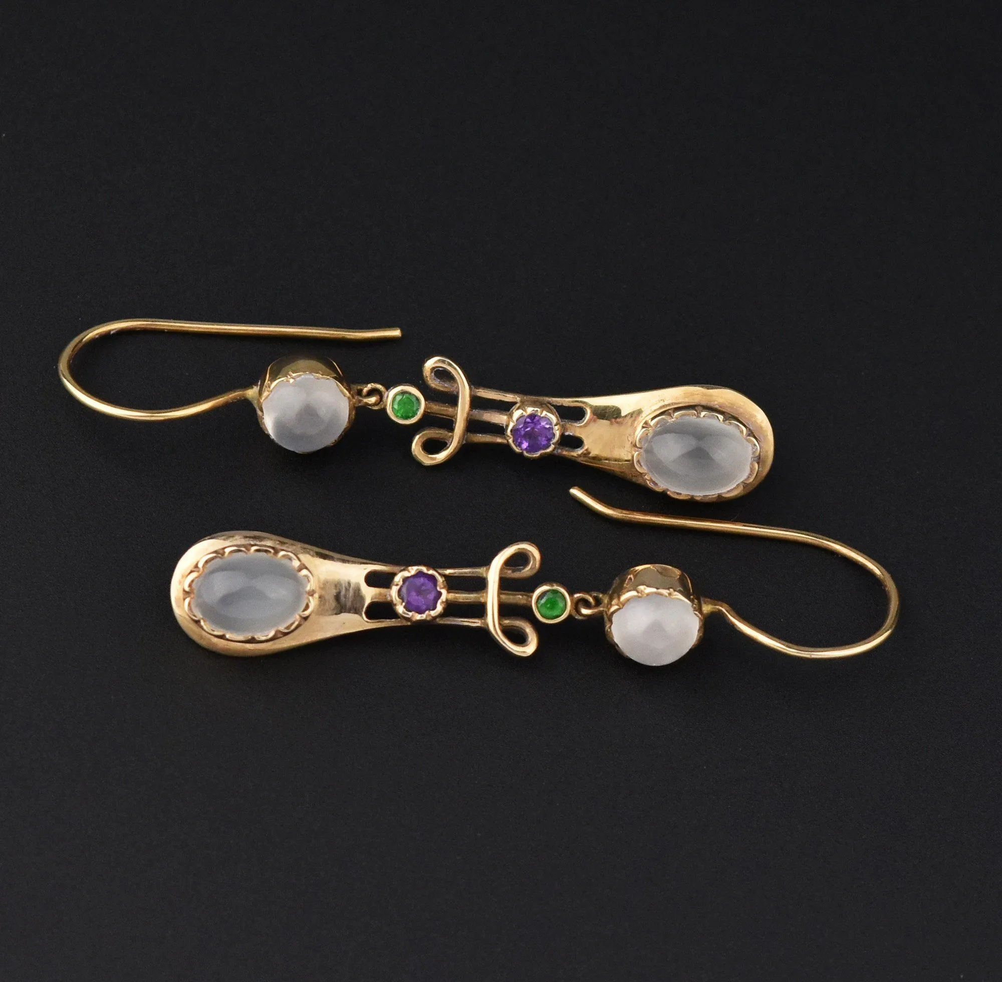 Suffragette 15K Gold Earrings, Moonstone Amethyst Demantoid Garnet