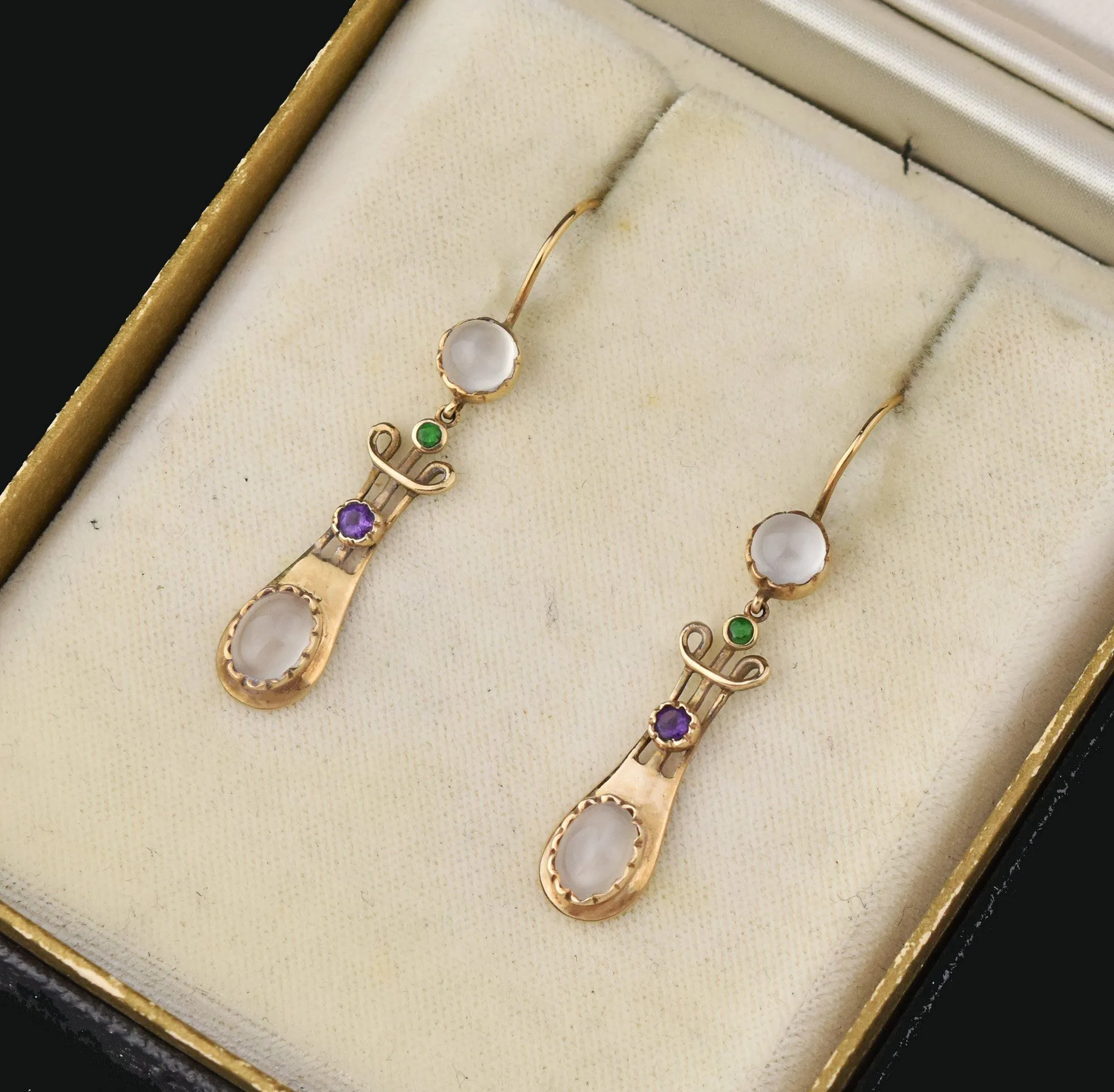 Suffragette 15K Gold Earrings, Moonstone Amethyst Demantoid Garnet