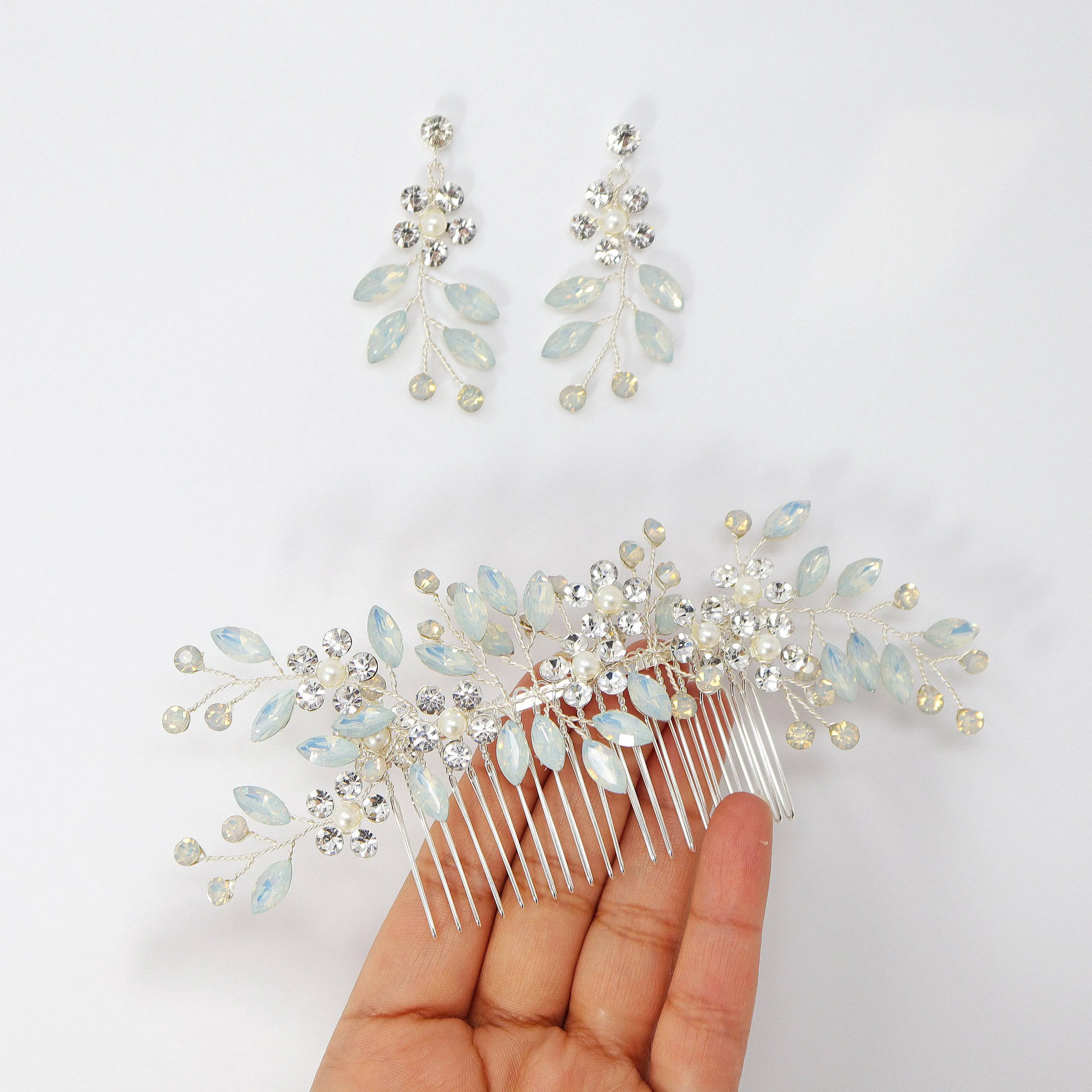 Swarovski Crystal Blue Floral Opal Leaves Earrings, Opal Hair comb Statement Earrings Cz