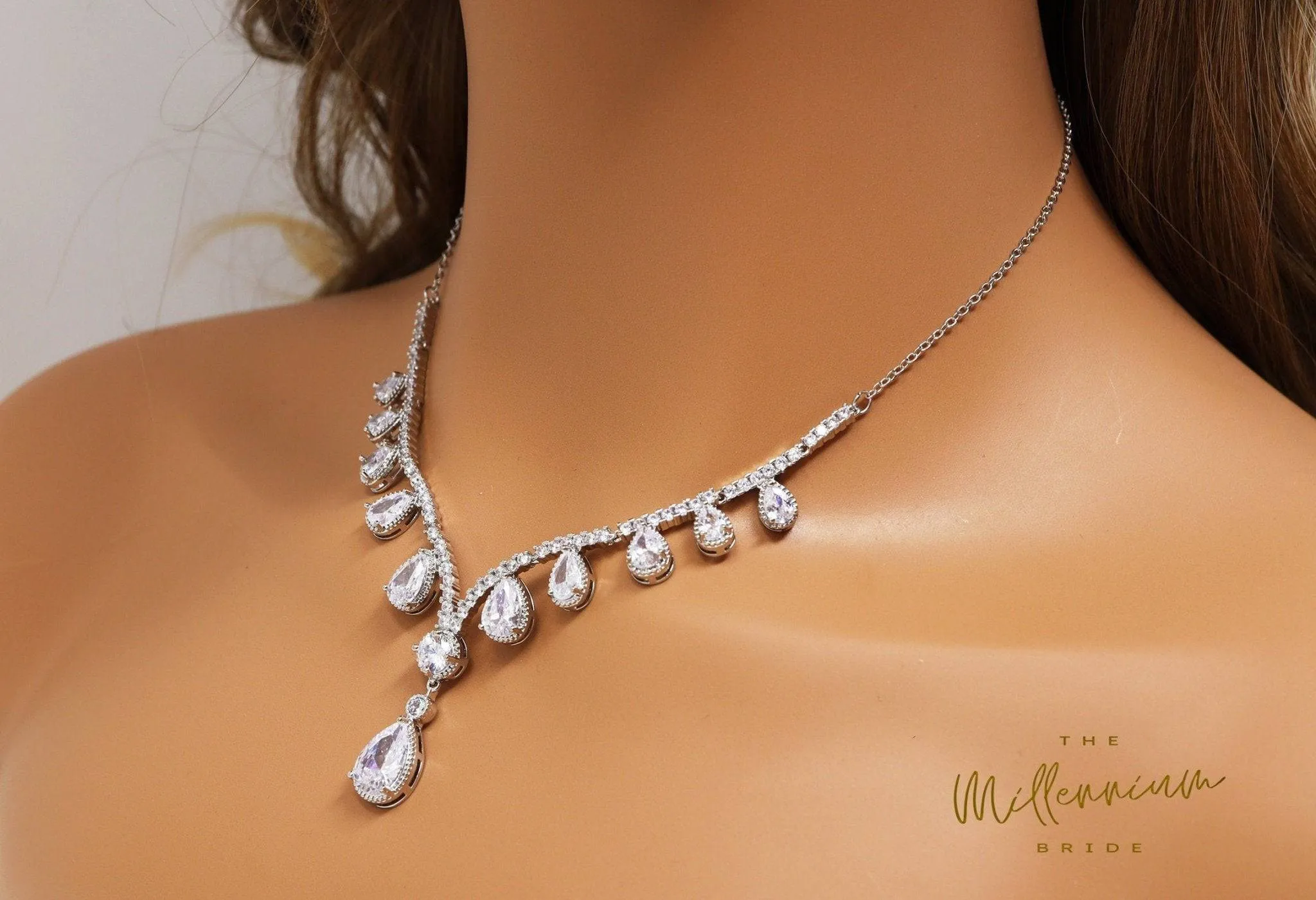 Swarovski Crystal Bridal V Drop Necklace , Long Bridal Jewelry, Bridal Earrings And Necklace, Statement Earrings Cz Necklace Set.