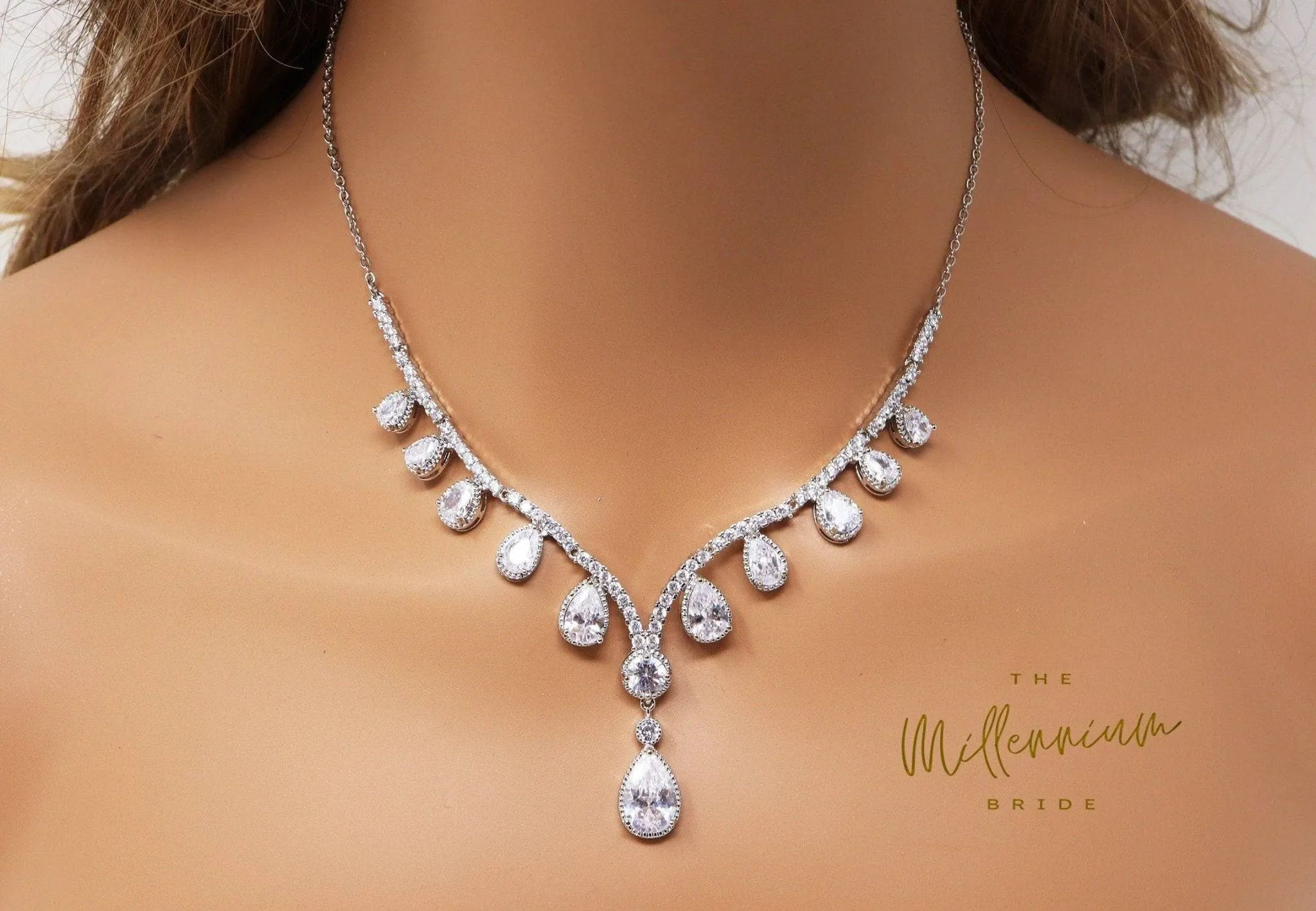 Swarovski Crystal Bridal V Drop Necklace , Long Bridal Jewelry, Bridal Earrings And Necklace, Statement Earrings Cz Necklace Set.